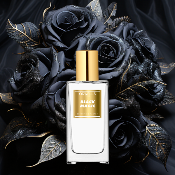 flacon de parfum orwells avec des roses noires, black magic parfum dupe de Noir de Noir de Tom Ford