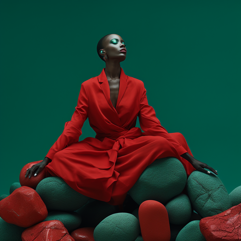 femme afro assise sur des pierre verte et rouge avec une robe rouge malachite, style de photo de armani privé