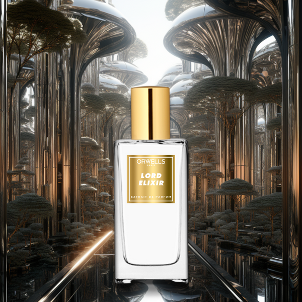 flacon de parfum au milieu d'un bois d'argent style Dior, orwells, parfum dupe